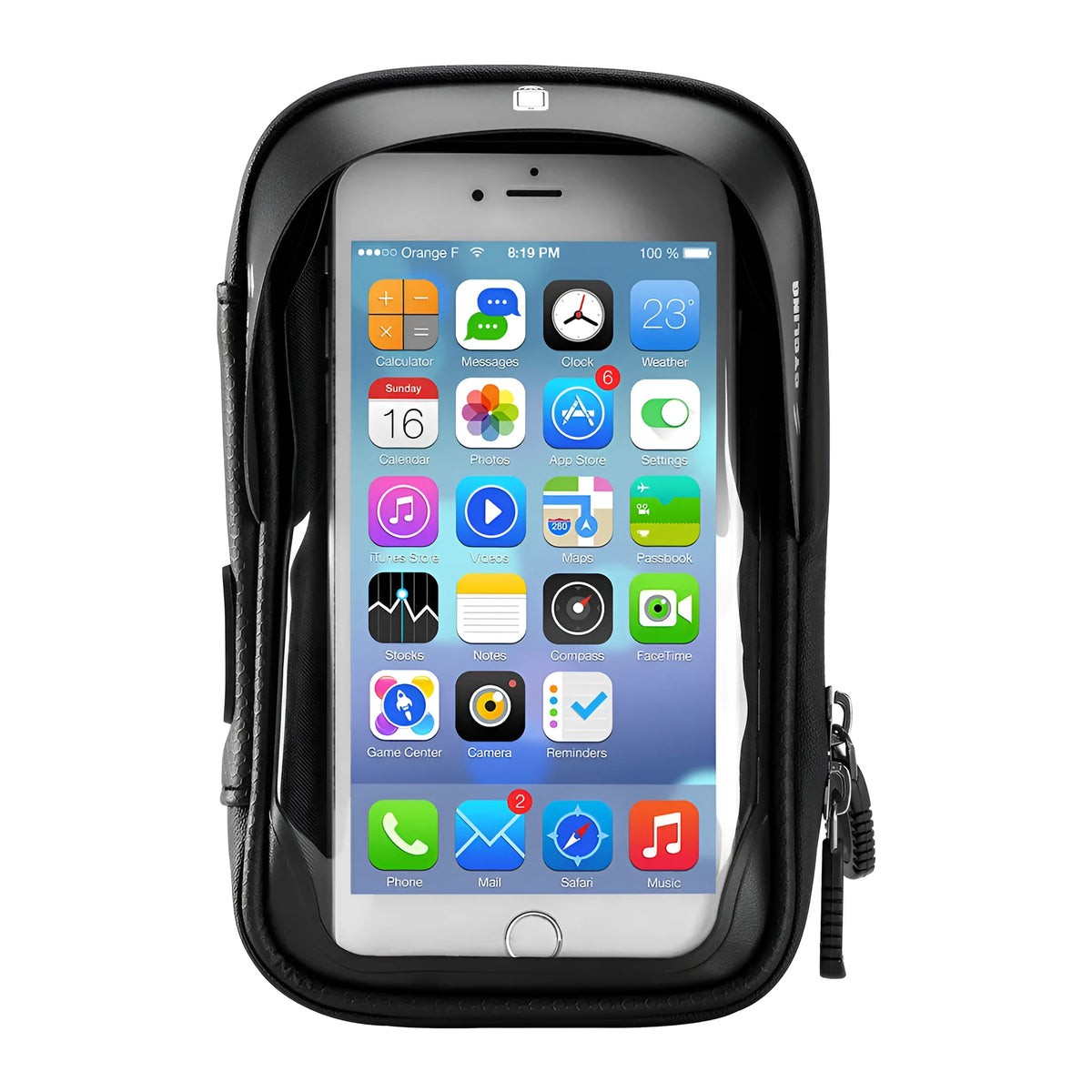 Black waterproof touch screen bicycle handlebar bag mounted on handlebars with phone visible through TPU window