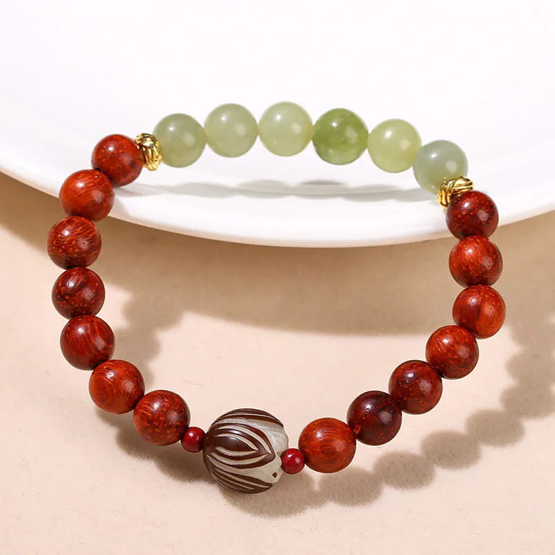 Red rosewood and gray jade Bodhi Lotus bracelet with 8mm beads in geometric design