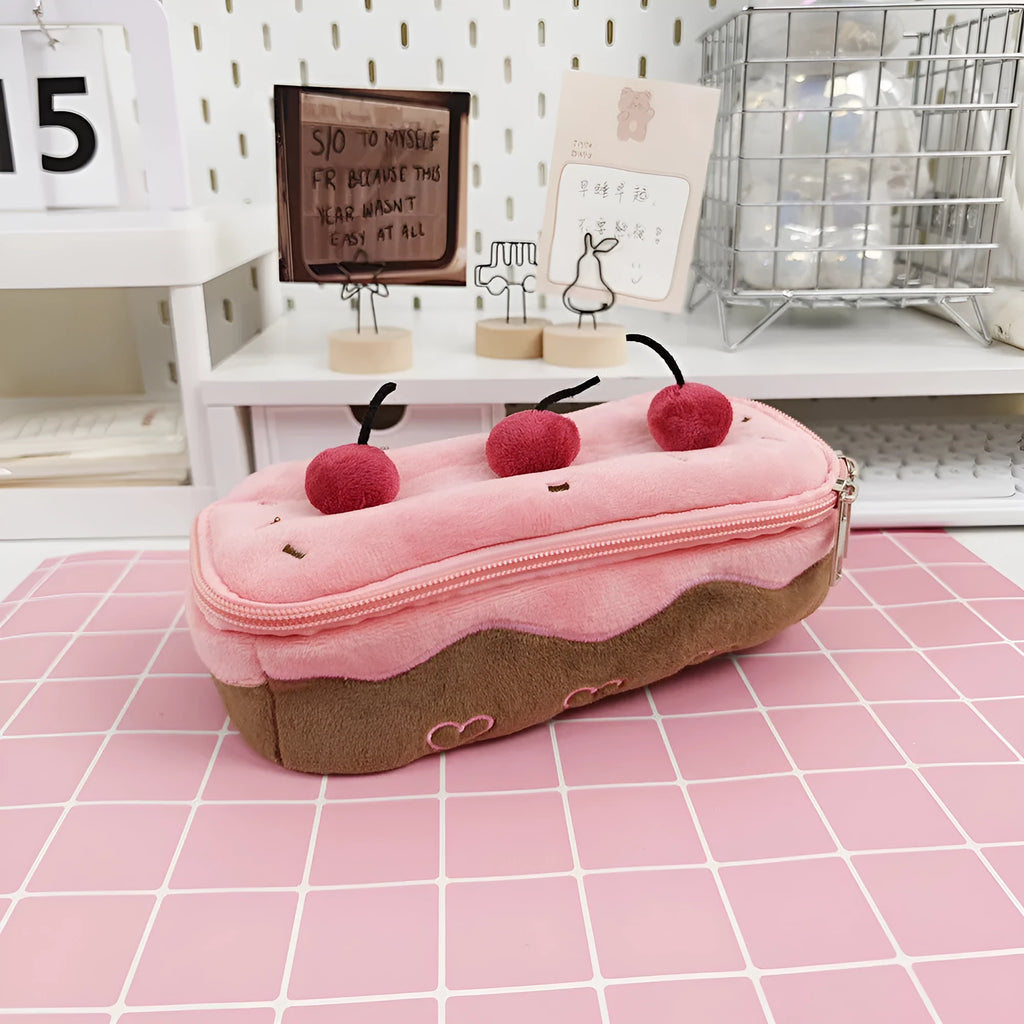 Cherry Cake velvet plush pencil bag with Korean style design and zipper closure