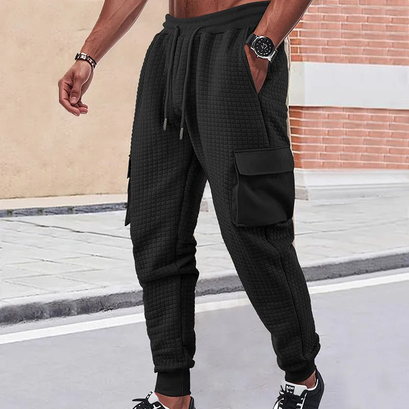 Men's thickened jacquard small check sweatpants with drawstring waist and belt, loose cargo style