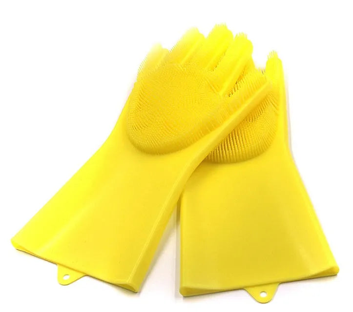 Blue silicone cleaning gloves with a textured sponge palm design for scrubbing.