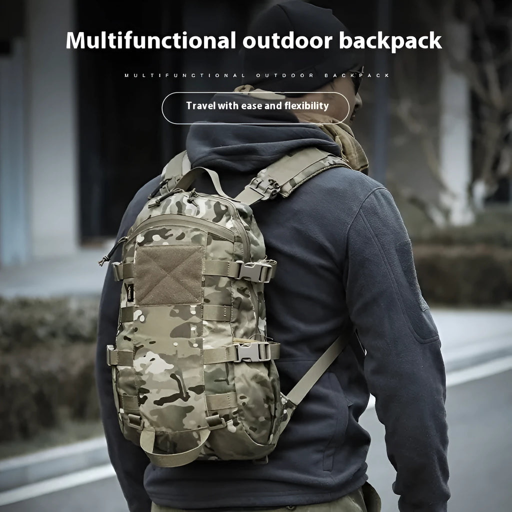 Camouflage nylon 20L backpack with curved shoulder straps and YKK zipper for outdoor commute and leisure