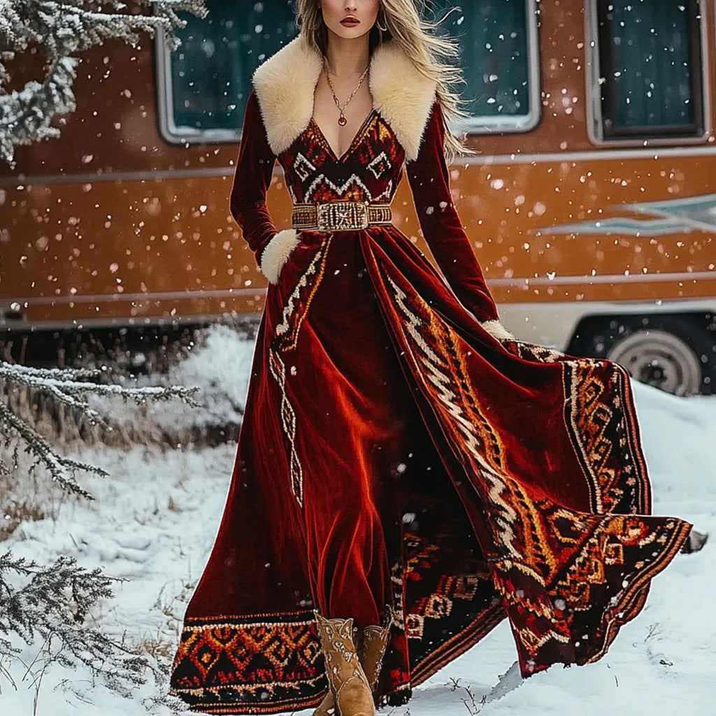 Red fur collar long thickened dress with asymmetric skirt and high waist, front view