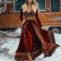 Red fur collar long thickened dress with asymmetric skirt and high waist, front view
