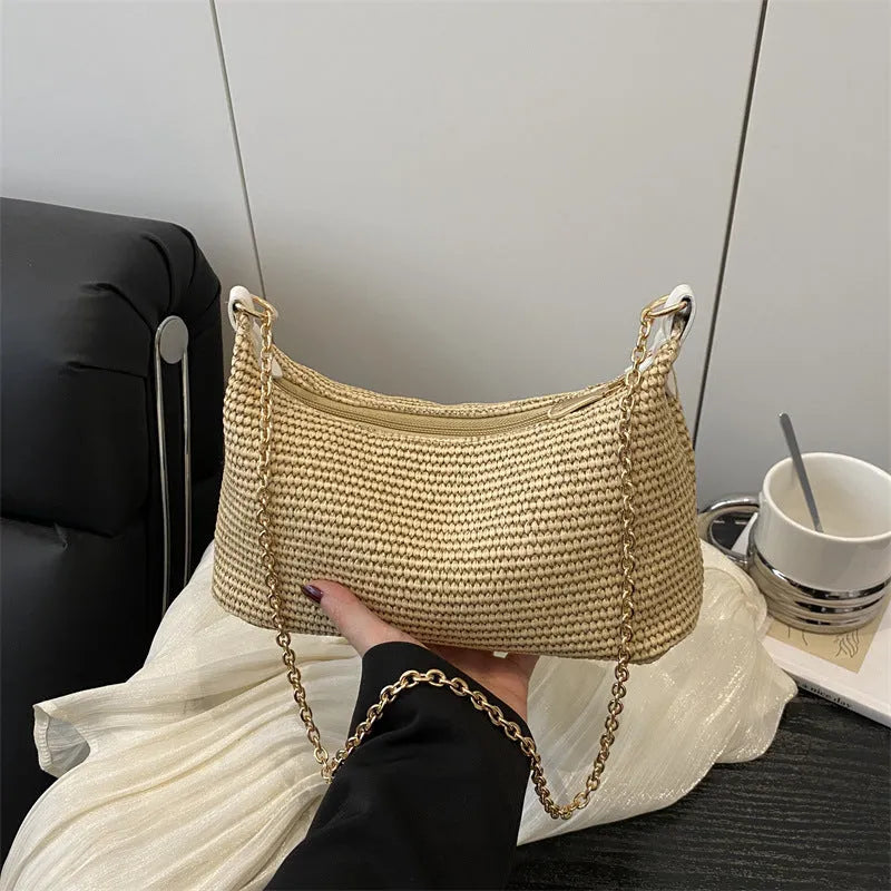 Women's woven straw crossbody bag with phone compartment in khaki colour