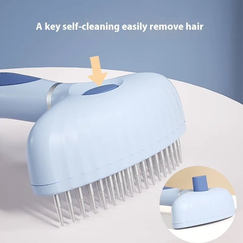 Stainless steel double row dog grooming comb in azure light blue on a white background.