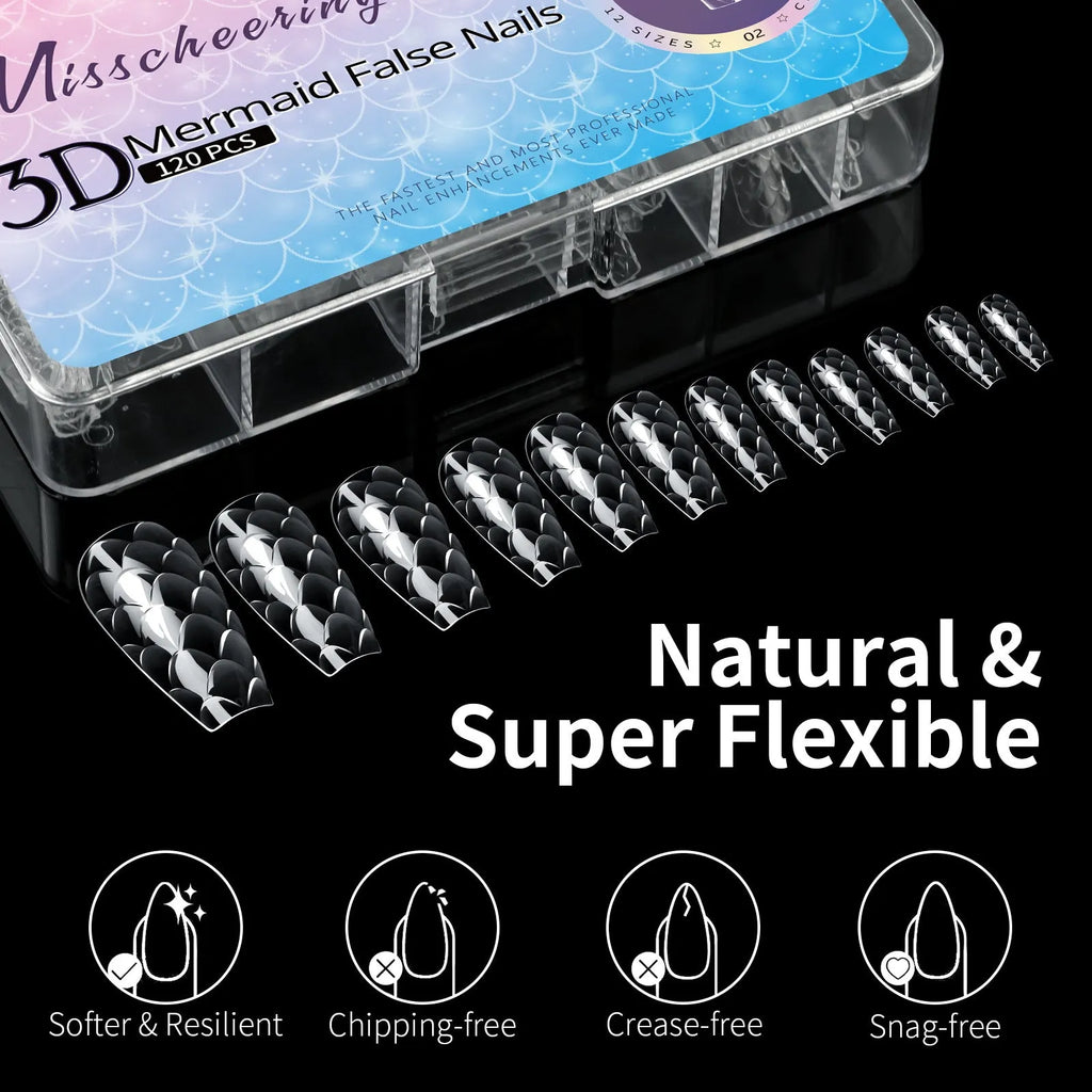 Pack of 3D Scale Long Shaping Nail Tips showing textured surface, labelled with Frigate Box variant code.