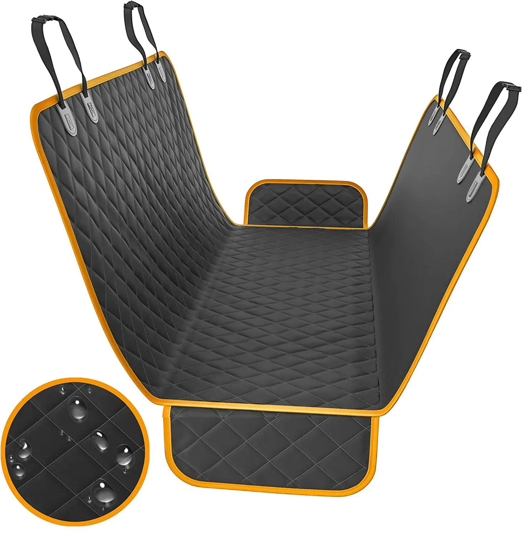 Waterproof cloth car pet kennel rear seat cushion in black measuring 137x147cm placed on a car back seat