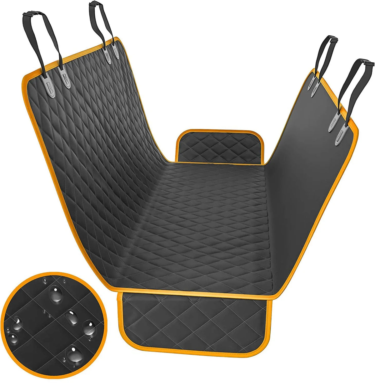 Waterproof cloth car pet kennel rear seat cushion in black measuring 137x147cm placed on a car back seat