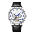 Men's stainless steel mechanical watch with sapphire crystal glass and leather strap on wrist