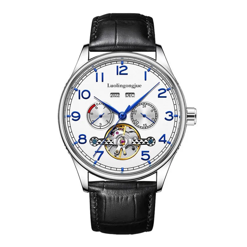 Men's stainless steel mechanical watch with sapphire crystal glass and leather strap on wrist