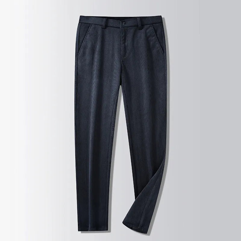 Straight-leg striped trousers in a khaki colour, showing the zip fly front and classic fit.