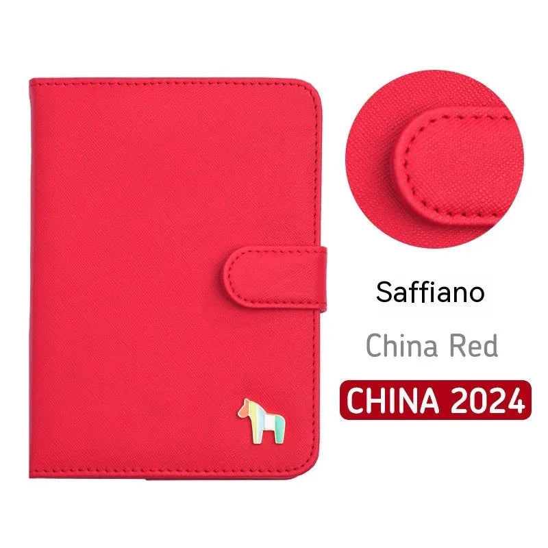Leather schedule book showing 164x120mm dimensions with 396-day account pages and multiple colour options