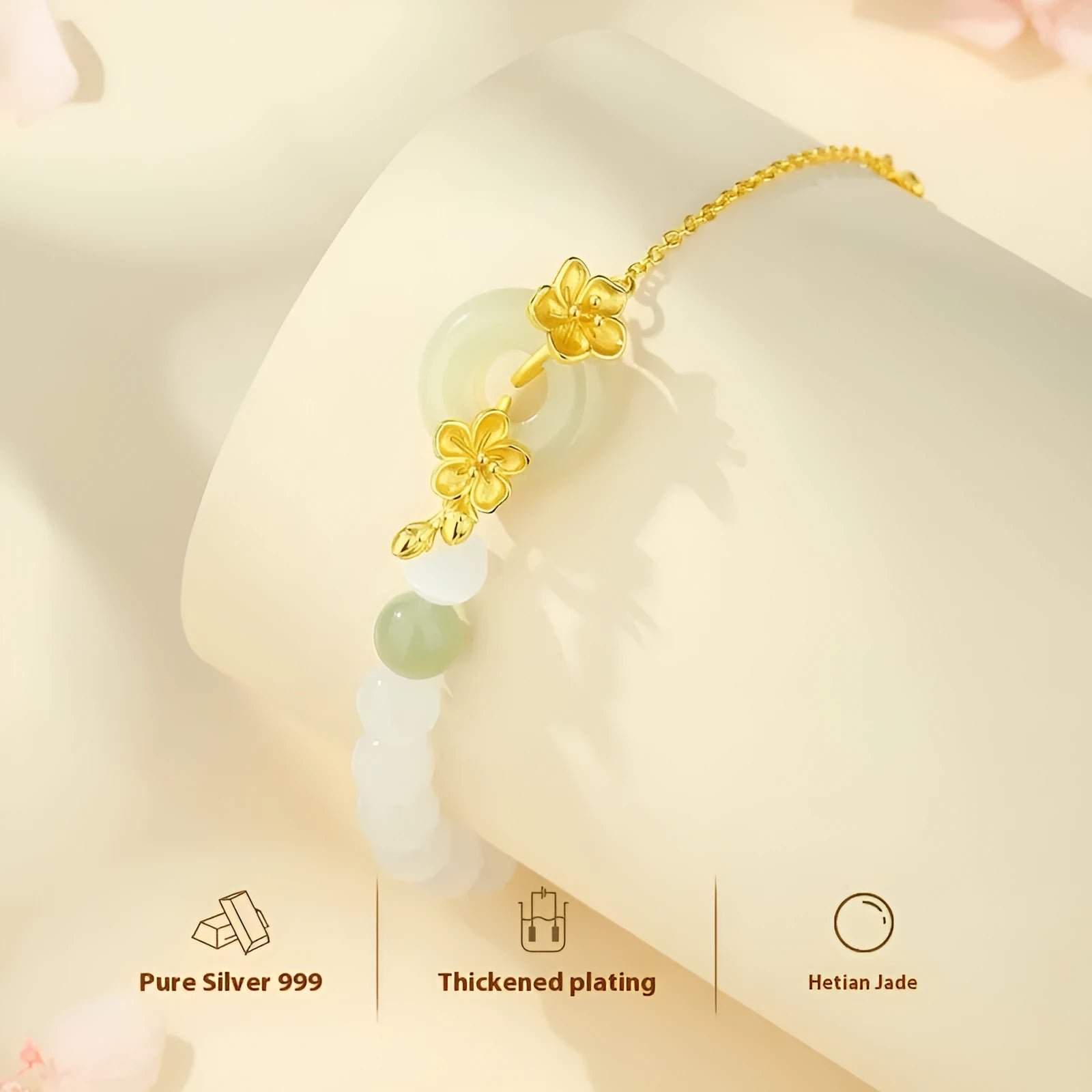 Women's pure silver safety buckle bracelet with peach blossom flower design in New Chinese style