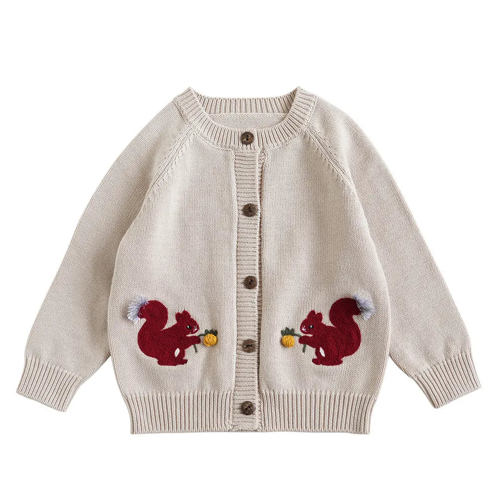 Kids cotton knit sweater with squirrel embroidery in beige colour on white background