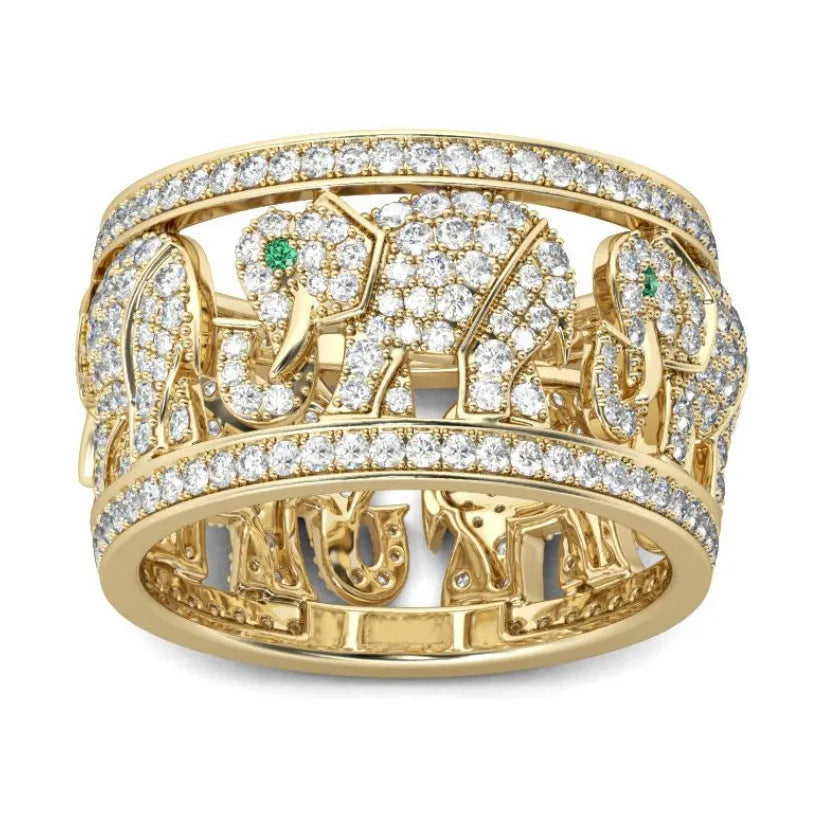 Alloy elephant fashion ring with full diamond design and electroplated finish in silver tone.