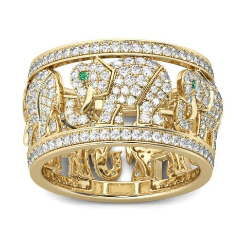 Alloy elephant fashion ring with full diamond design and electroplated finish in silver tone.