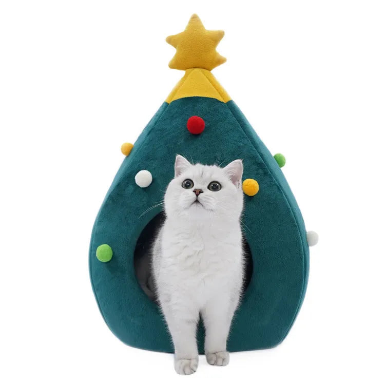 Felt Christmas tree shaped cat bed in picture colour, available in three sizes from 48 to 65 cm