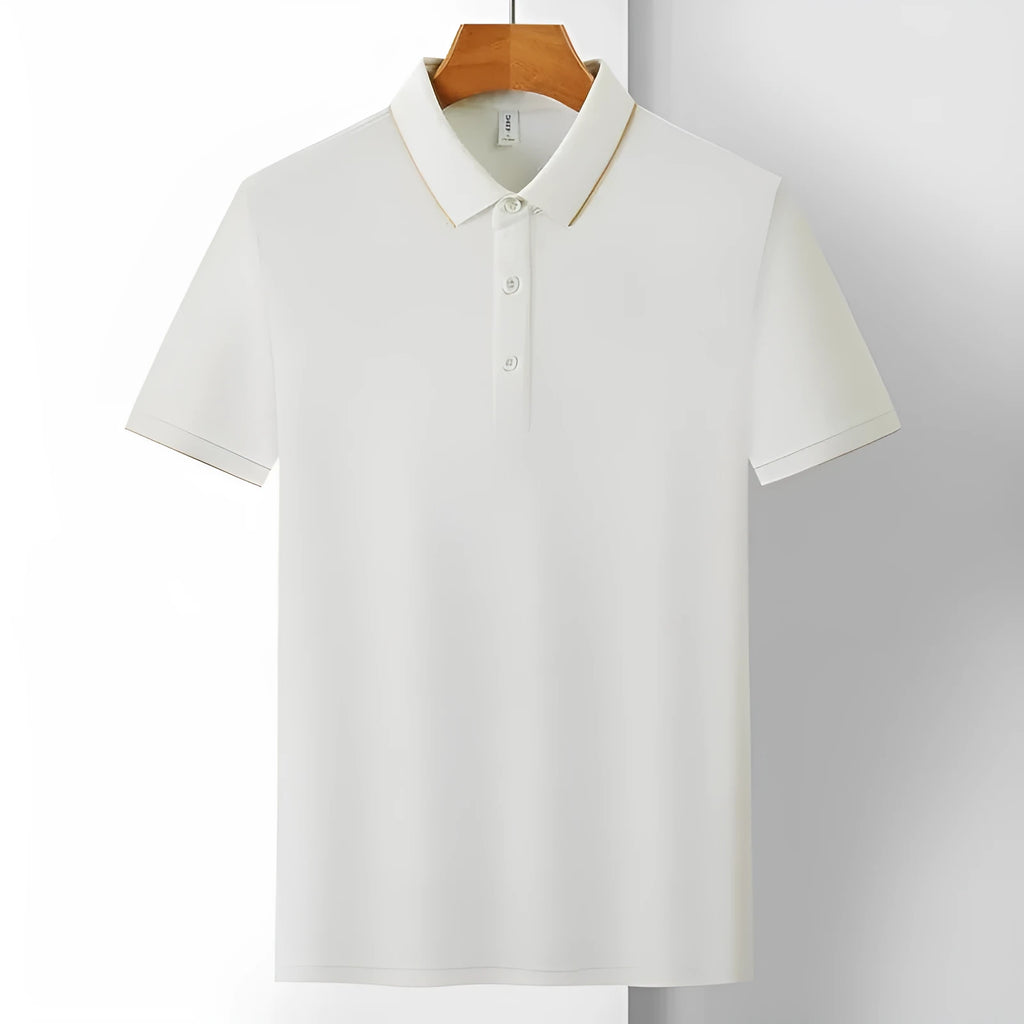 Men's loose fit solid colour cotton pullover shirt with short sleeves for summer workwear.