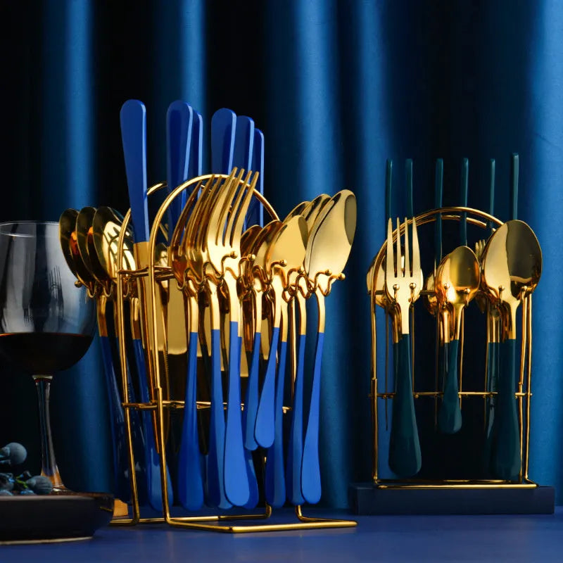 24-piece stainless steel cutlery set with storage rack in a gold finish