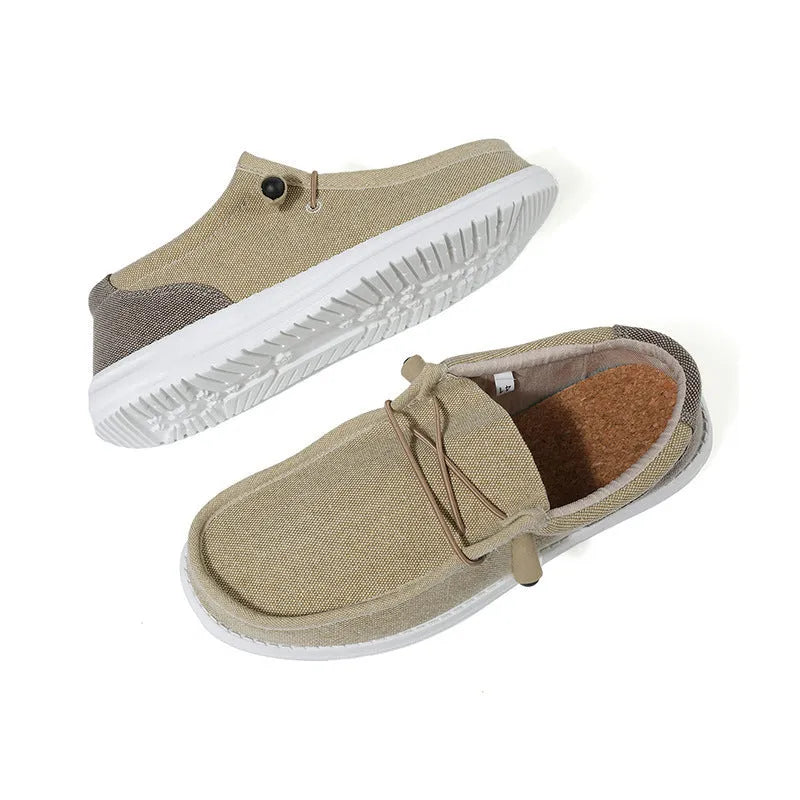Men's green and orange canvas casual shoes with round toe and decorative mosaic detailing