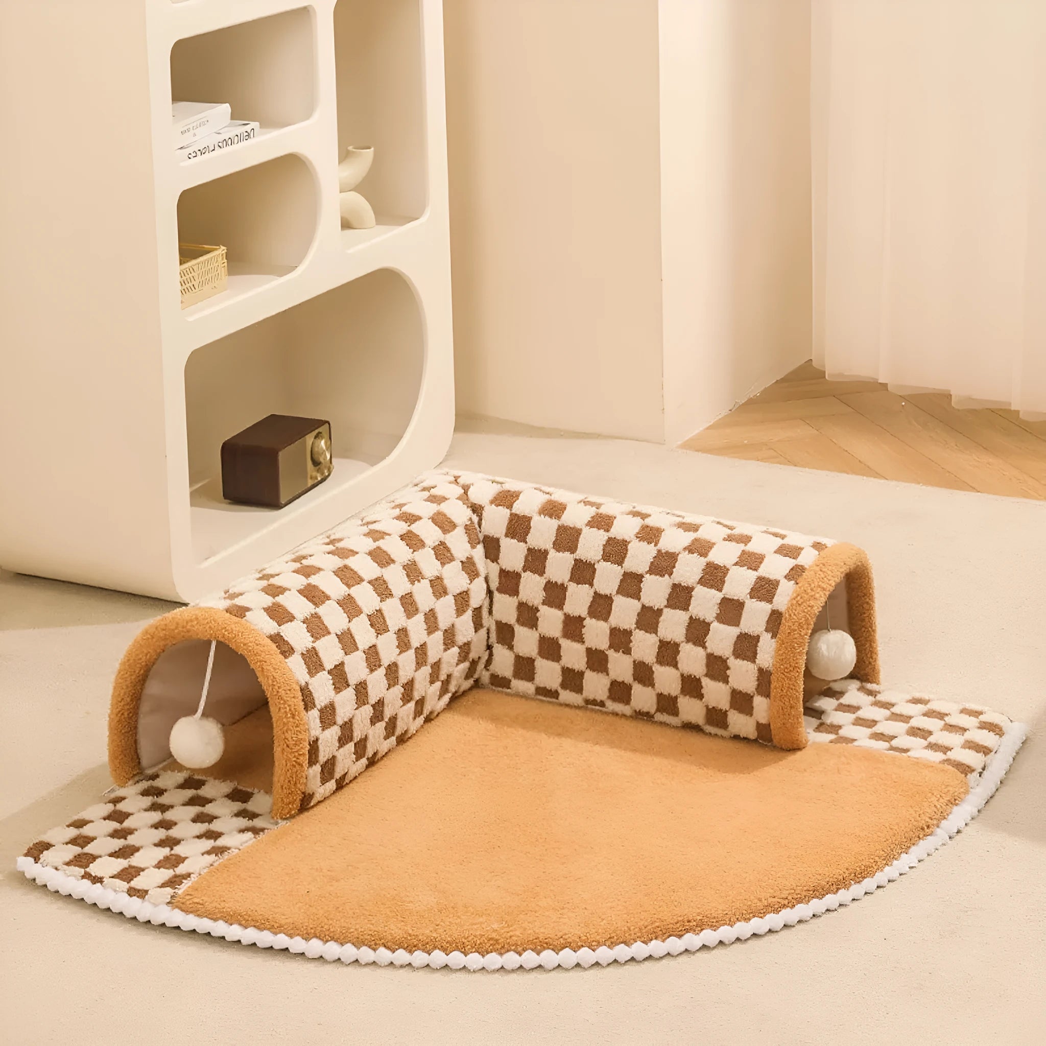 Coffee-colour fan-shaped plush pet bed tunnel for dogs and cats with a thick padded mat and anti-slip base.