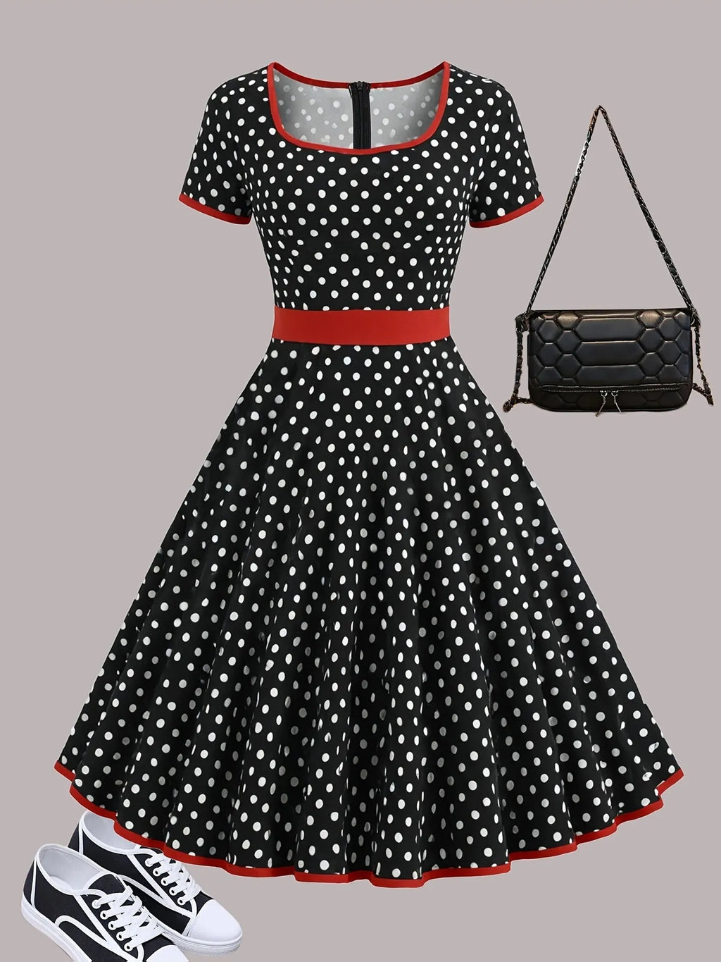 Multicolour polka dot pleated dress with square collar and front zipper