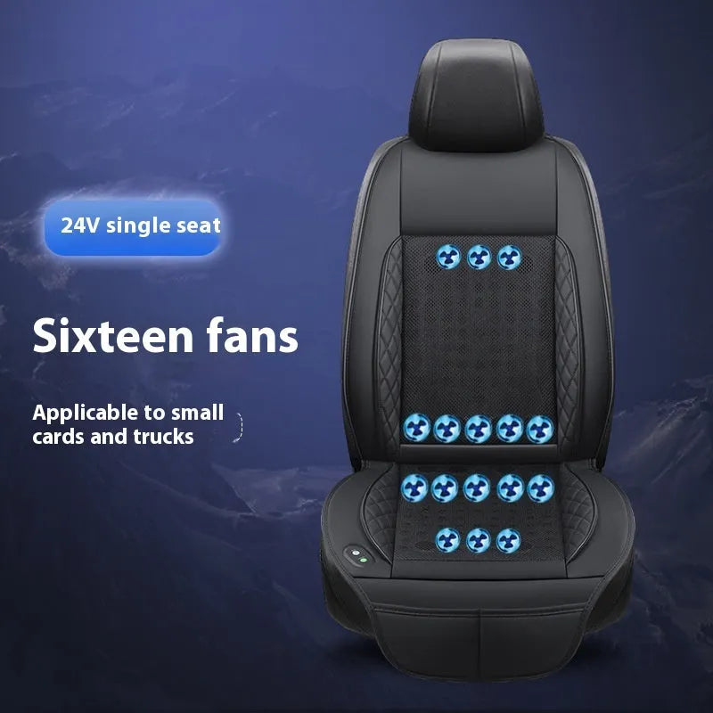 Car ventilation cushion with fan in black fabric, 12V model with 8 fan vents on car seat
