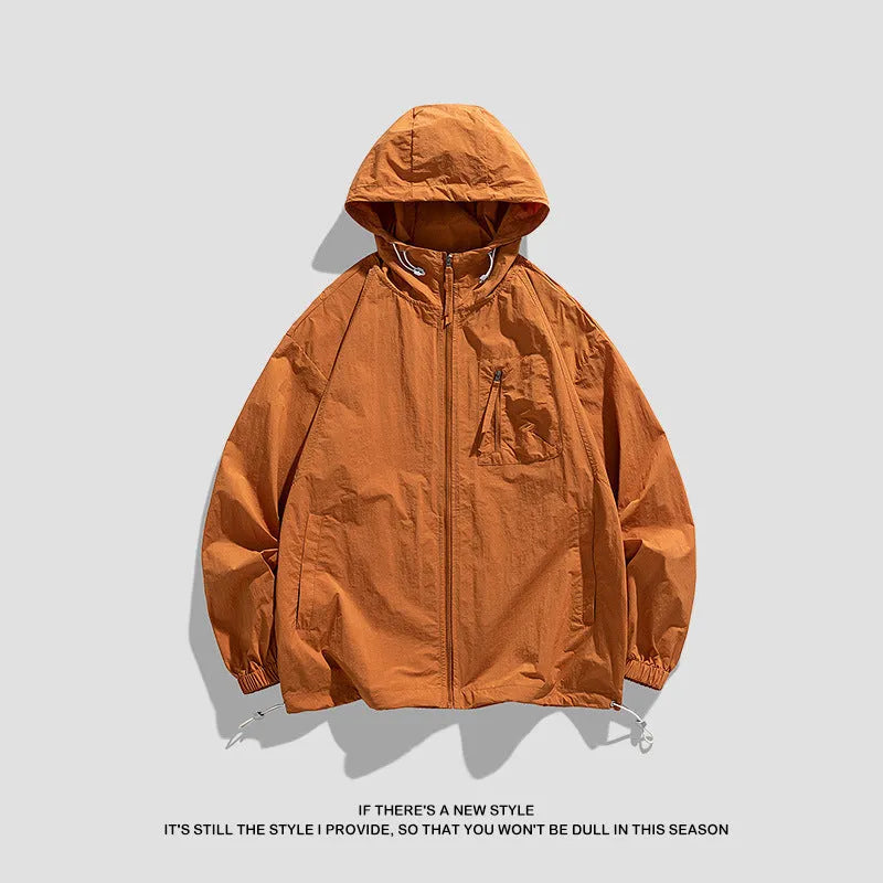 Unisex lightweight hooded jacket in Lycra spandex for sun protection, shown in caramel colour.