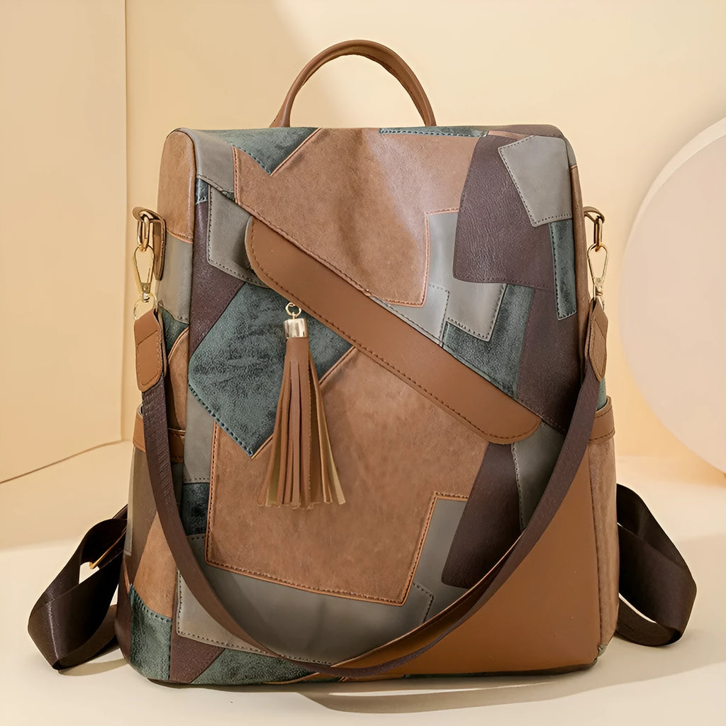 Large capacity retro patchwork casual bag in black, PU leather, 20 litres, crossbody style