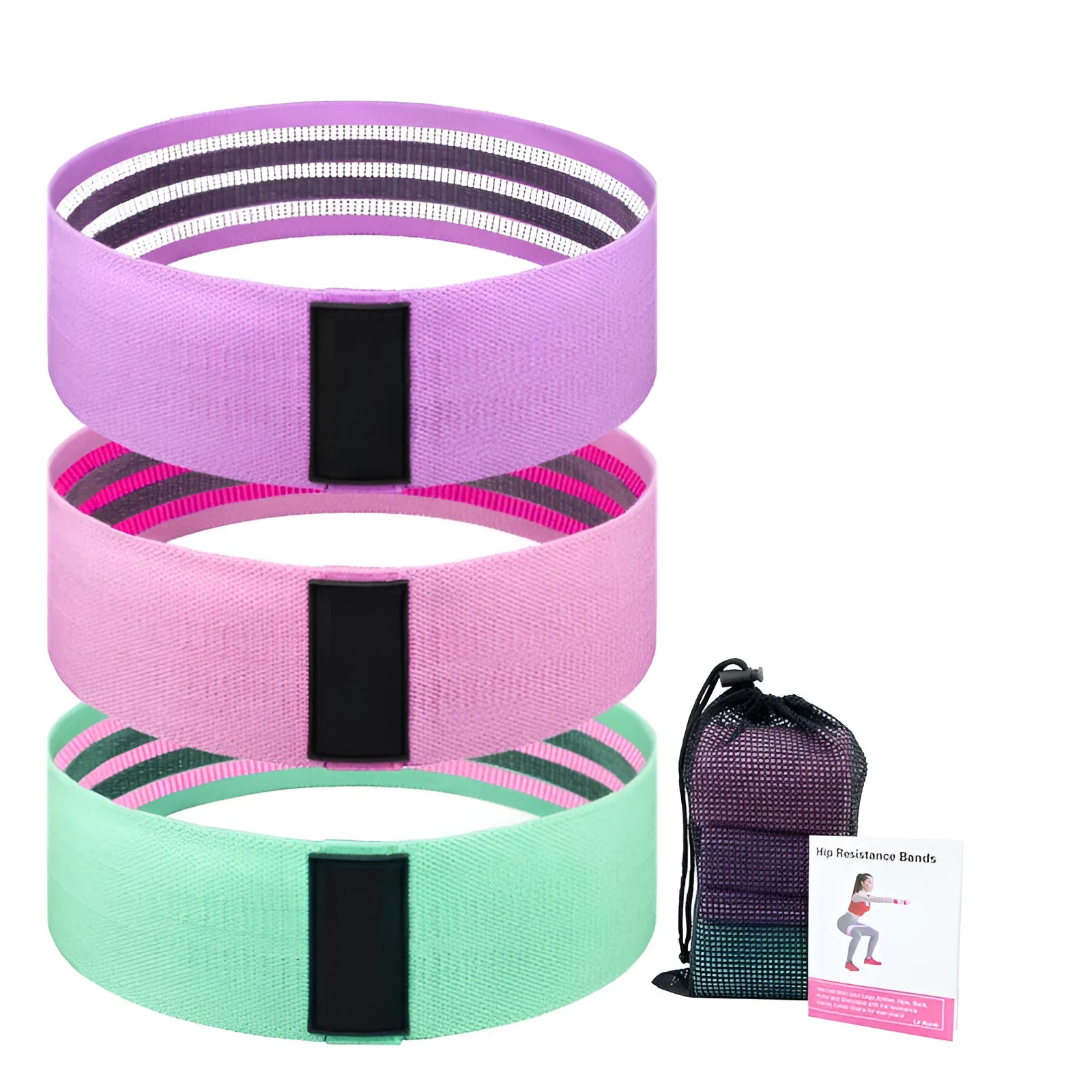 Set of three fabric resistance bands in lake blue, pink, and purple with a white storage net bag.
