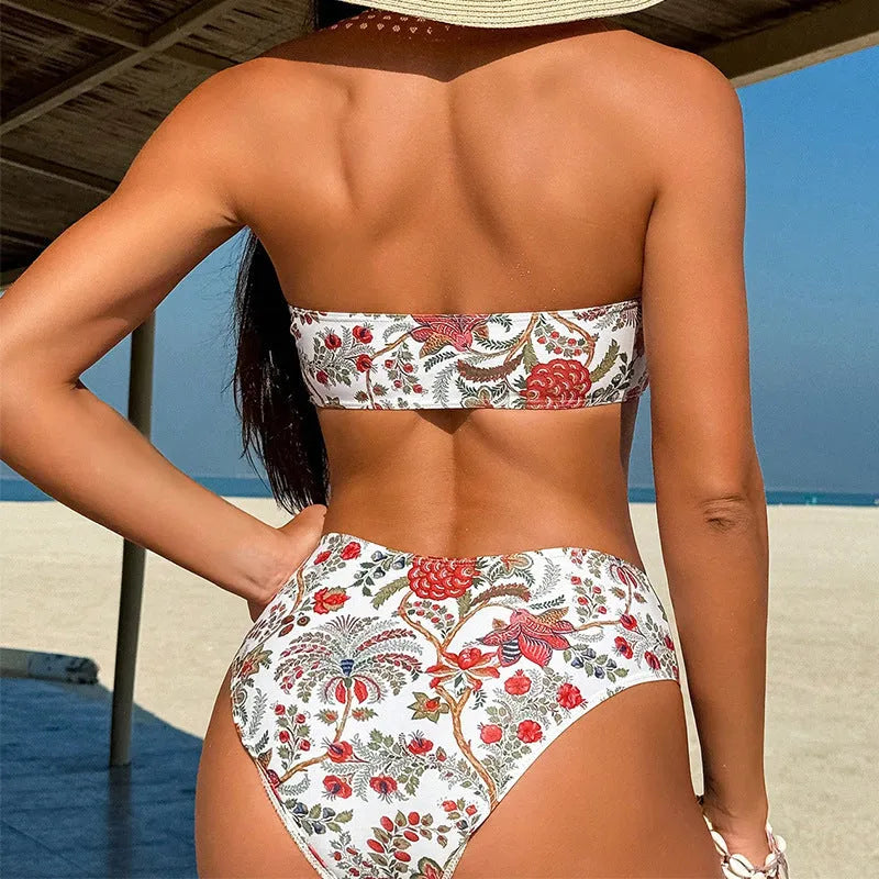 Women's printed bandeau swimsuit top with matching shorts on a mannequin
