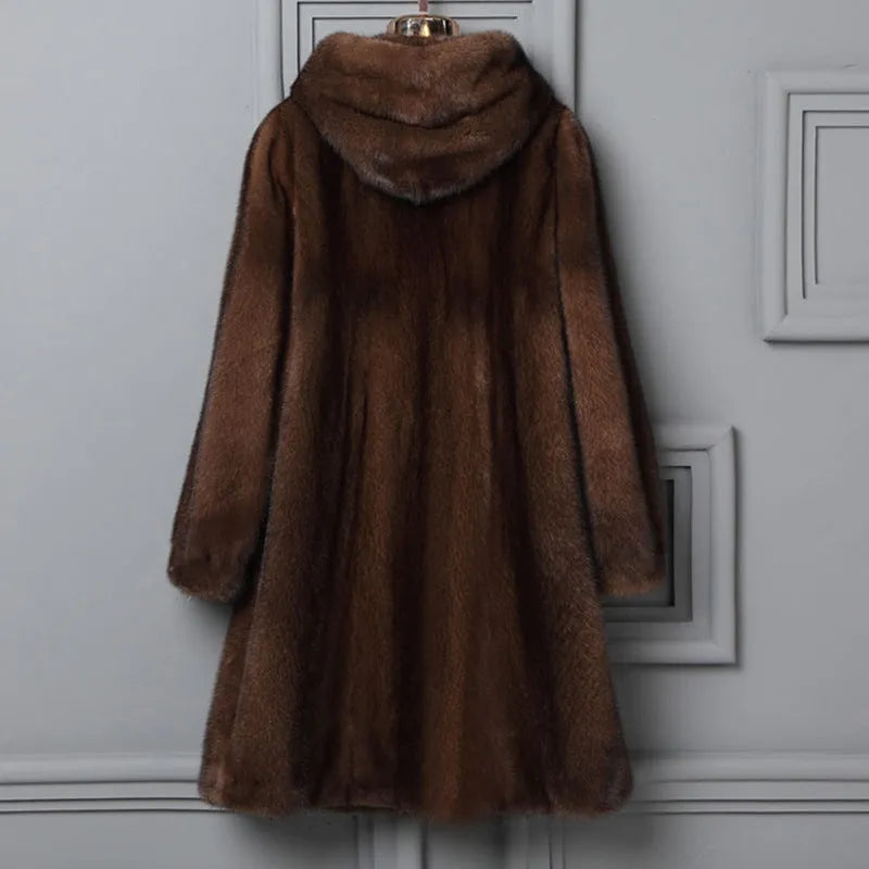 Women's long black faux fur hooded coat for autumn winter street fashion