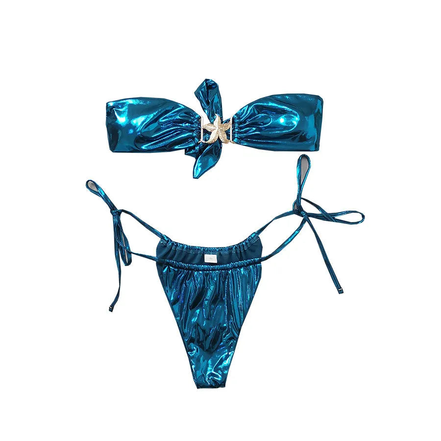 Women's glossy tube top split bikini with gold starfish detailing in sapphire blue