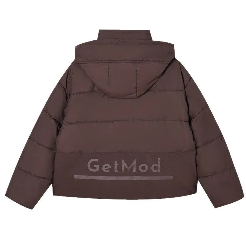 Beige loose cotton-padded coat with letter printing and front pockets, regular sleeves, polyester fabric