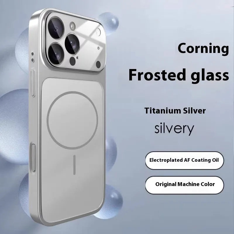 Frosted tempered glass magnetic iPhone case in titanium grey colour on iPhone 15 Pro
