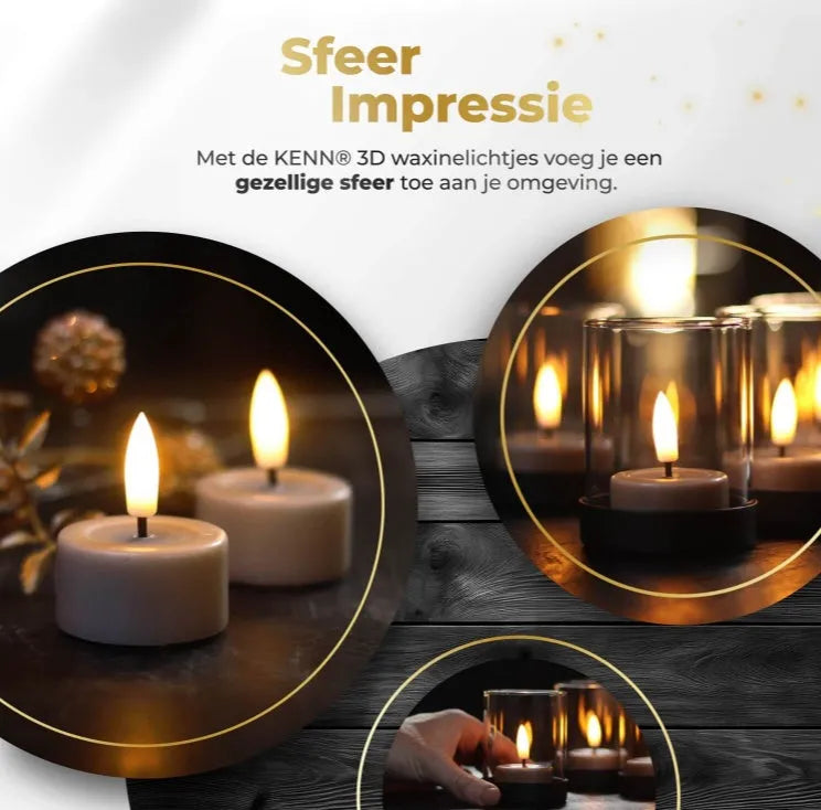 Four taupe coloured S10 3D flame LED tealight candles showing realistic flickering effect