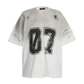 Men's black and white printed short-sleeved cotton T-shirt showing front design.