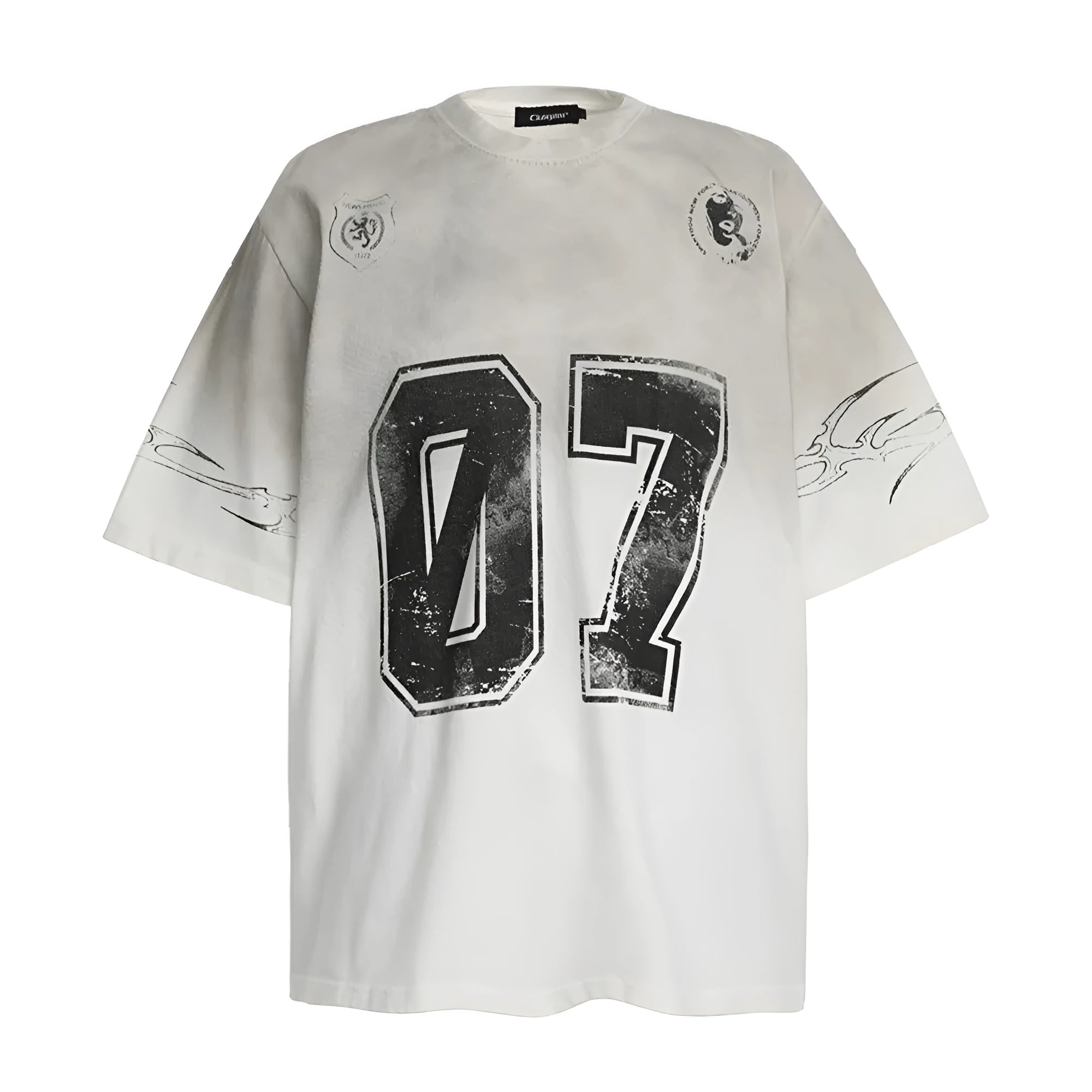 Men's black and white printed short-sleeved cotton T-shirt showing front design.