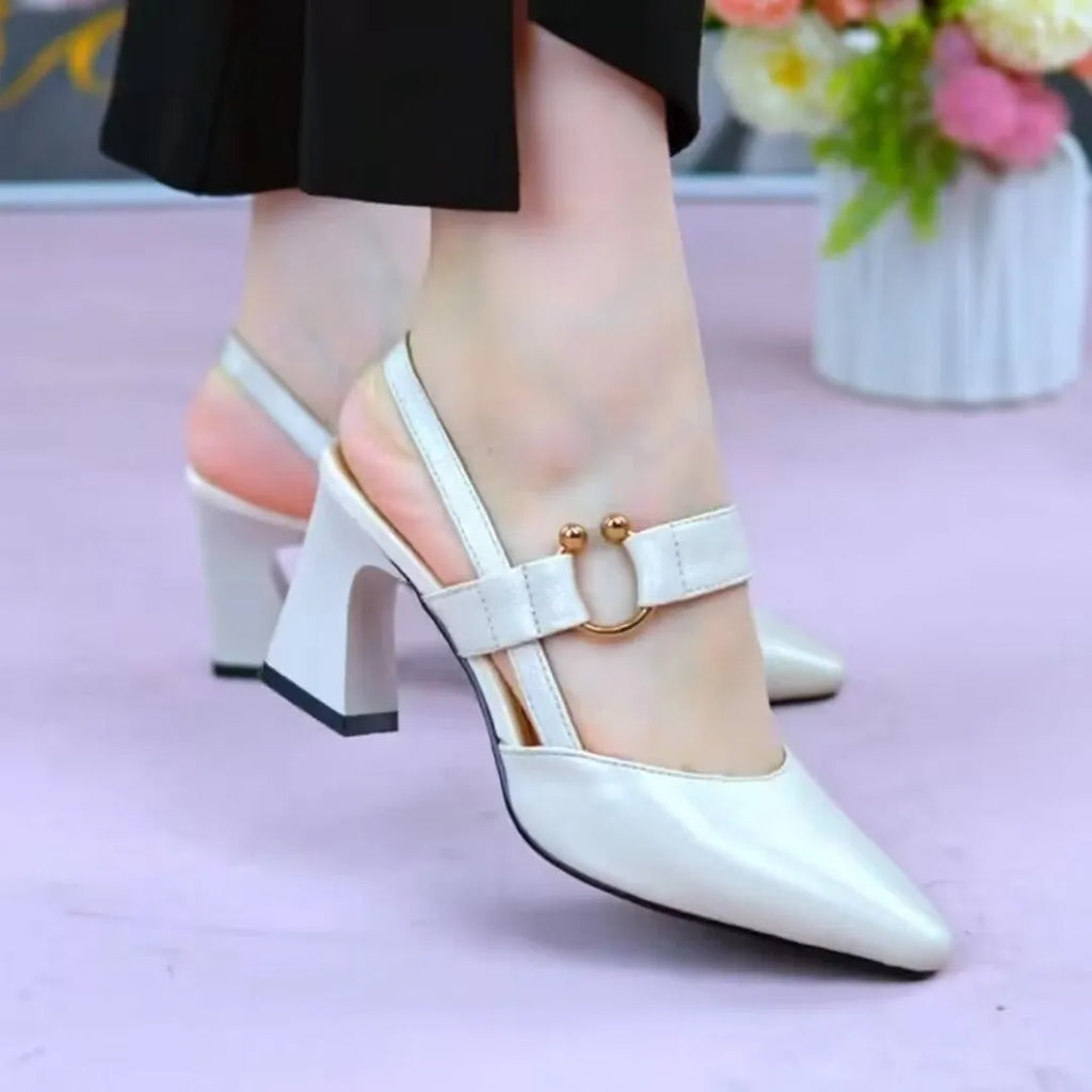 Women's apricot pigskin leather sandals with a chunky high heel and closed pointed toe.