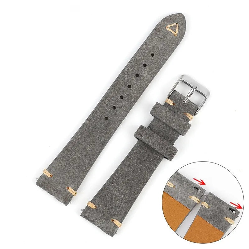 Genuine suede leather watch strap in Army Green, shown alongside brown, blue, and grey options for 20mm and 22mm watches.