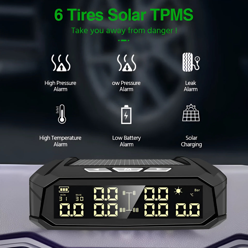 Solar external tyre pressure monitor with six sensors for RV truck, LCD colour display, plastic and copper housing