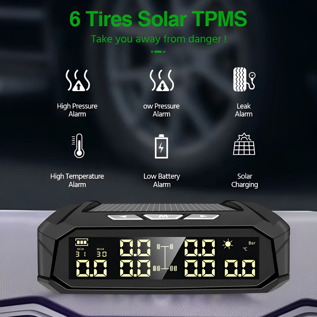 Solar external tyre pressure monitor with six sensors for RV truck, LCD colour display, plastic and copper housing