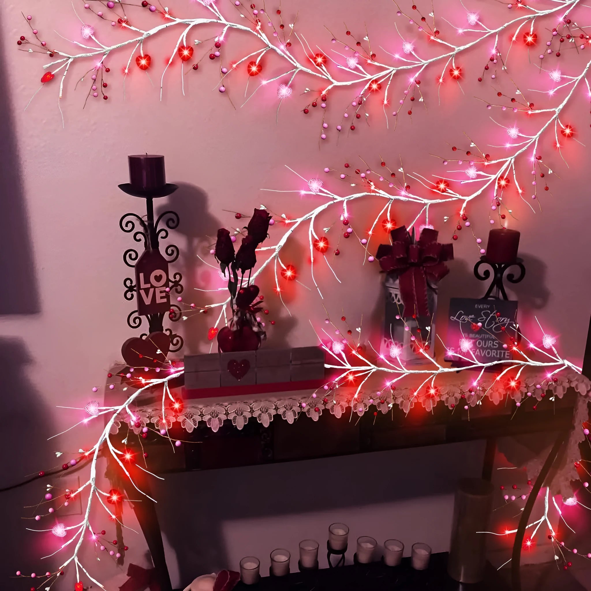Heart-shaped rattan branch string lights with 48 pink lights on a 1.8m battery-powered string