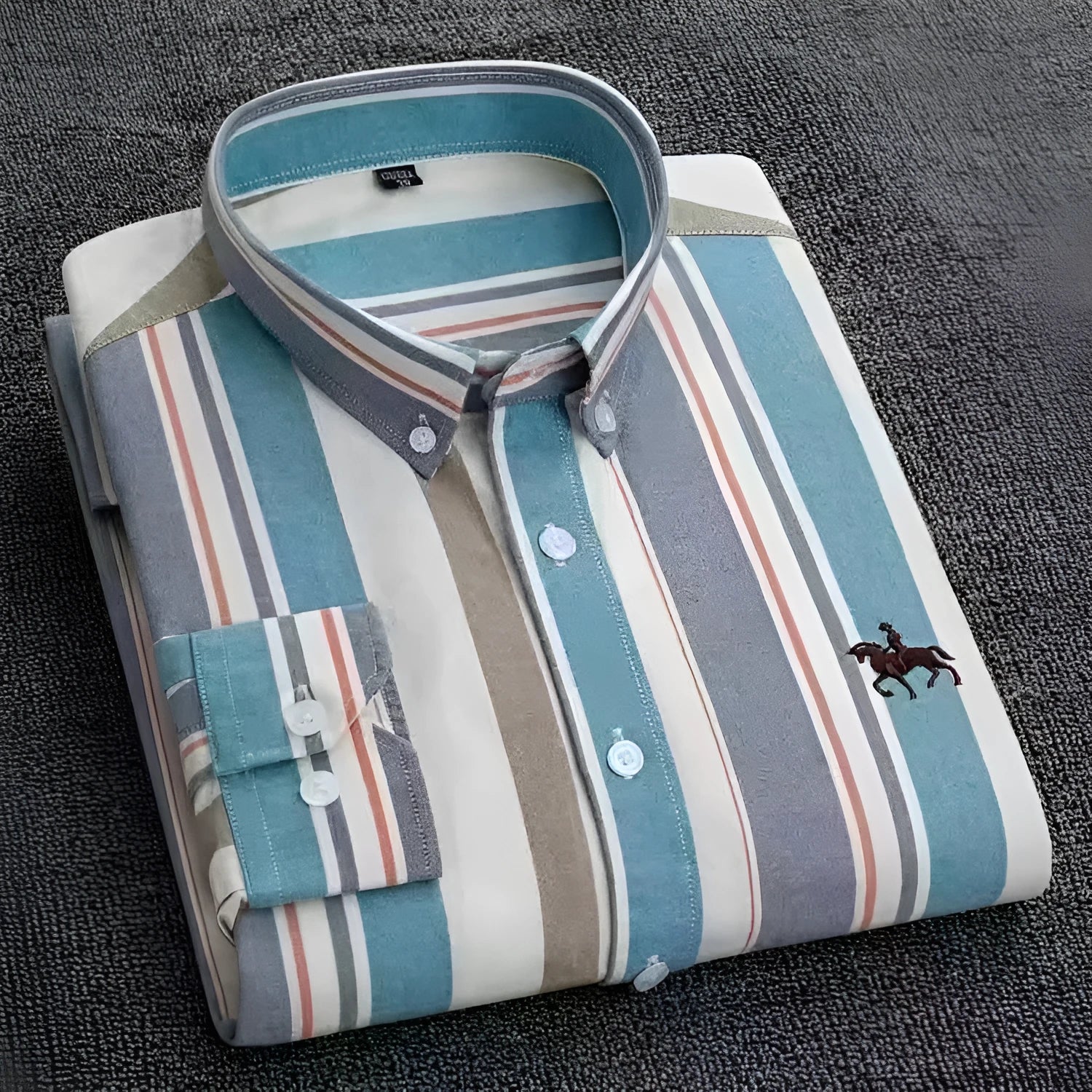 Men's pure cotton Oxford casual shirt on a hanger, showing button front and long sleeves.