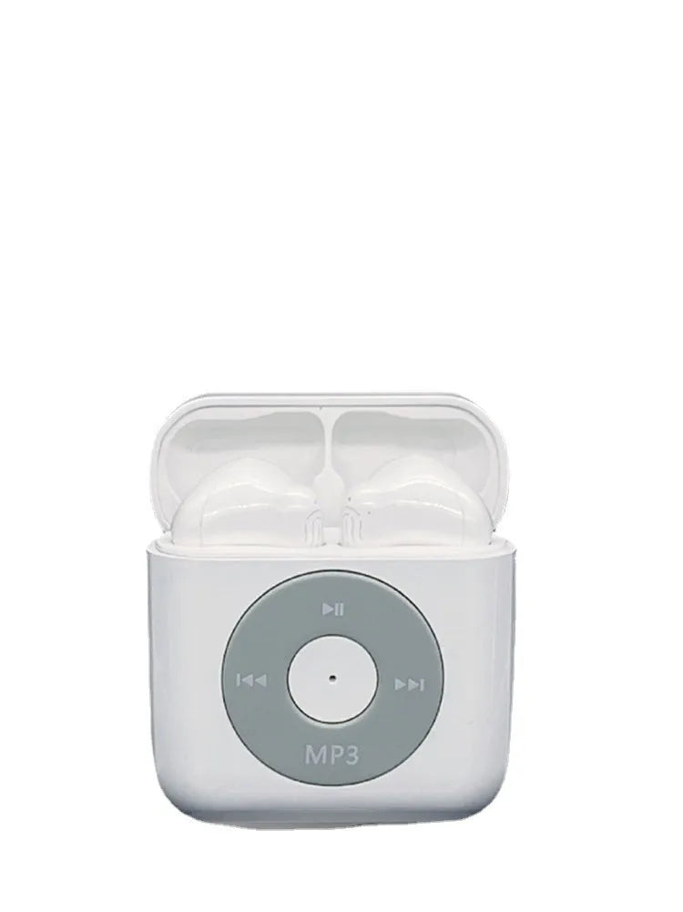 White wireless Bluetooth earphones with a semi-in-ear design and a matching charging case on a clean background.
