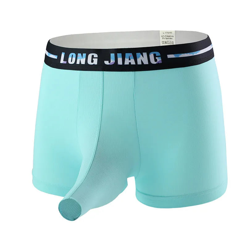 Men's solid colour ice silk boxer shorts in a mid-waist design on a white background.