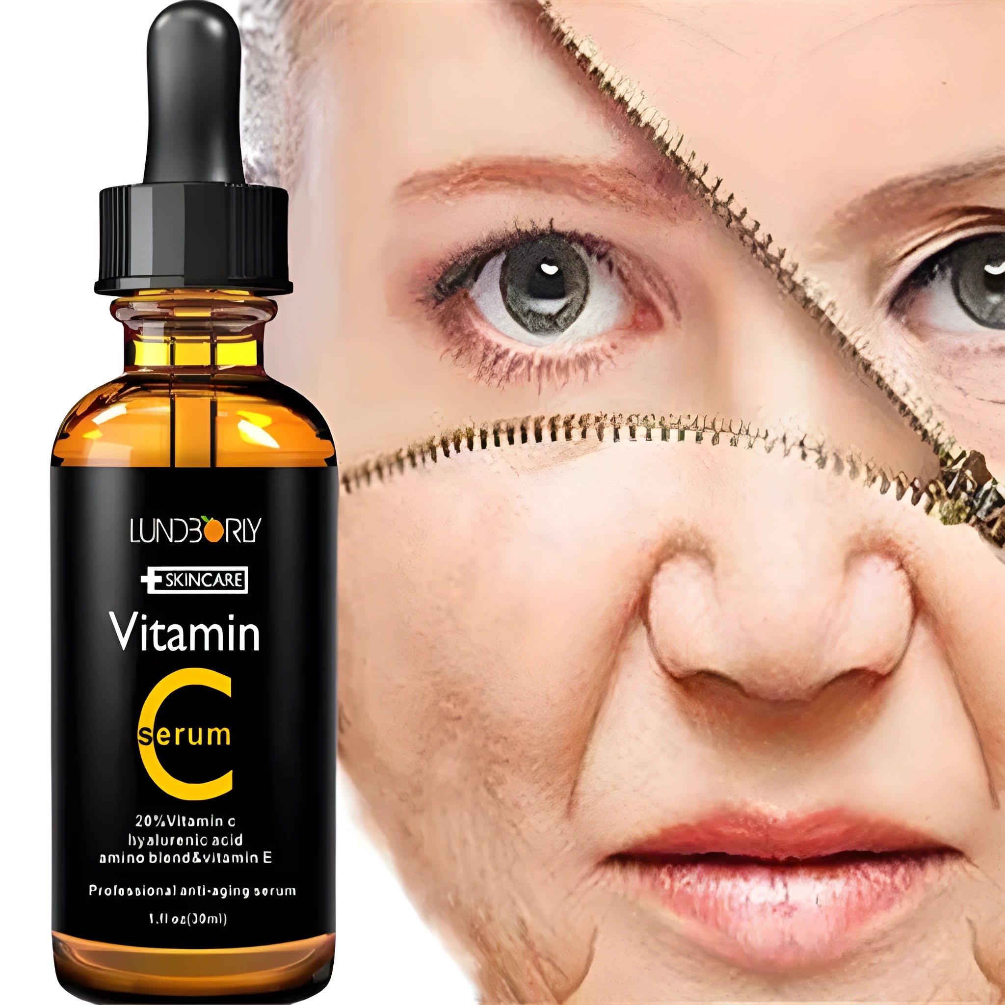 Vitamin C serum set with two 30ml bottles and a white facial beauty device on a clean surface