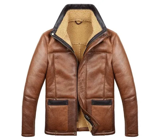 Winter hooded cropped sheepskin jacket in Champagne with slim fit and multiple pockets on display