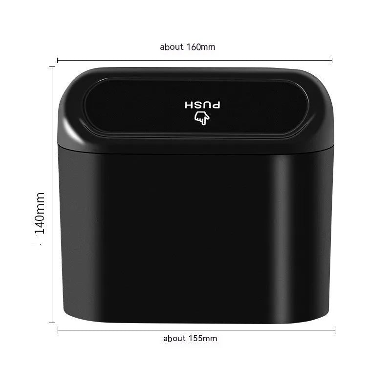 Black foldable plastic car trash can with waterproof lining, designed for mounting behind a car seat.